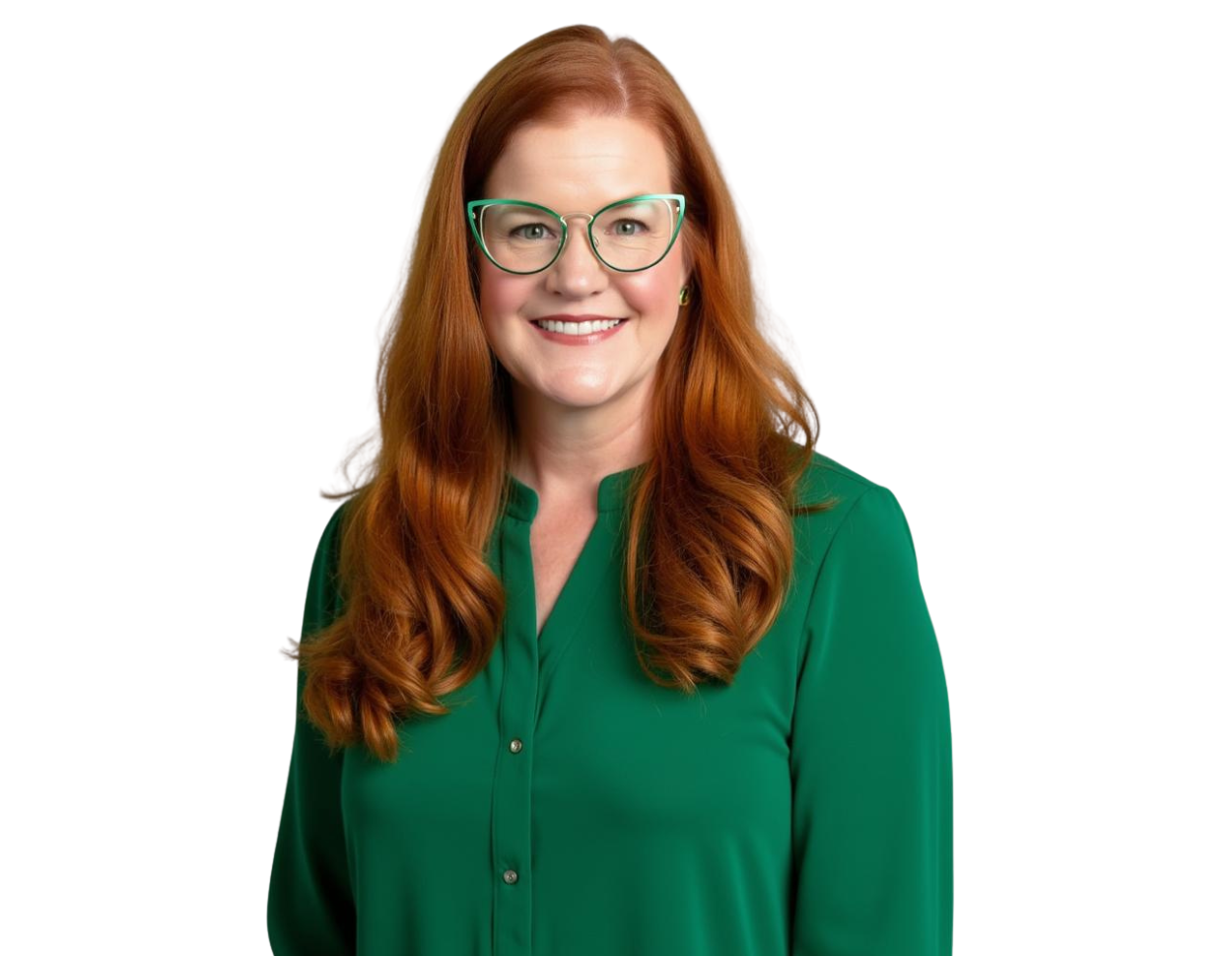 Professional photo of Lindsay Nickle wearing green glasses and a green blouse. She is standing against a transparent background and looking directly at the camera.