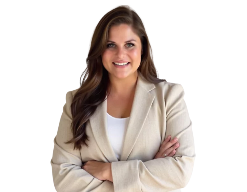 Professional headshot of Katherine Serrano with long brunette hair wearing a white shirt and tan suit jacket, posed against a light blue and white geometric background.
