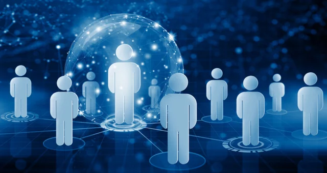 Digital illustration of blue human-shaped icons arranged in a network, with one larger central figure enclosed in a glowing sphere of connected lines and nodes. The image conveys concepts of leadership, networking, data protection, or targeted technology