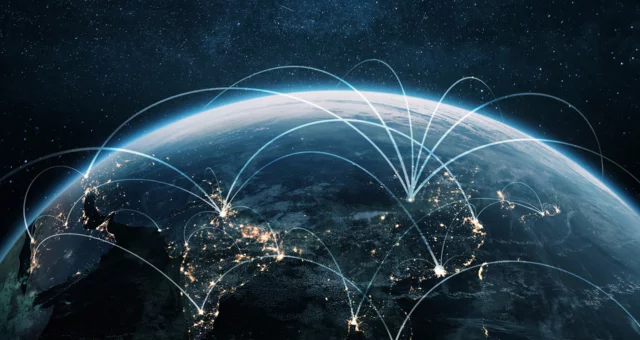 Night planet earth Asian countries with light lines of communication and connection