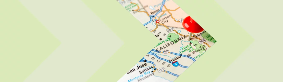Light green chevron arrow overlay leads to a close-up of a map of California marked with a red pushpin. Image suggests a focused look at California-specific data or insights for the blog’s snapshot theme