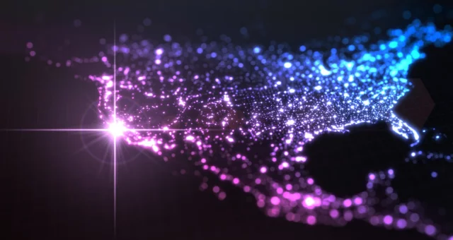 Digital illustration of the United States map glowing with clusters of tiny purple and blue lights. A bright lens flare highlights the West Coast, creating a vibrant, futuristic look that suggests connectivity and data flow.