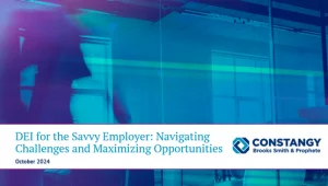 Constangy Brooks Smith & Prophete webinar title slide. The background shows a blue and purple abstract office scene with silhouetted figures. The text reads: ‘DEI for the Savvy Employer: Navigating Challenges and Maximizing Opportunities.’ The date, Octob