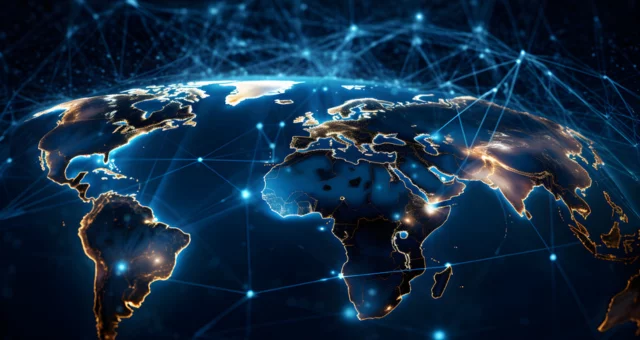 Digital rendering of Earth from space highlighting North America, Europe, and Africa, with glowing city lights and interconnected network lines. The image symbolizes global communication, connectivity, and advanced technology infrastructure.