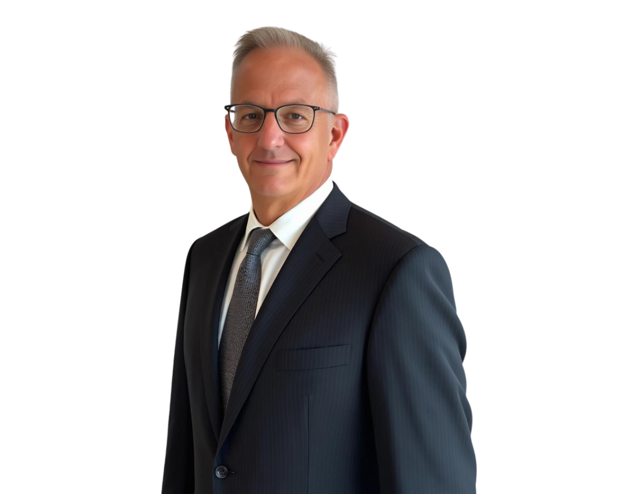 A man with short gray hair and glasses smiling subtly in a professional headshot. He is wearing a dark pinstripe suit, white shirt, and a textured dark tie, standing against a plain background.