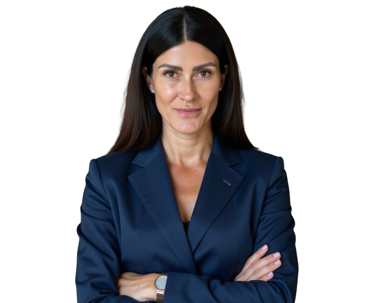 Confident professional woman with straight dark hair wearing a navy blazer and small stud earrings, standing with arms crossed against a transparent background. She has a focused, composed expression, conveying authority and professionalism.