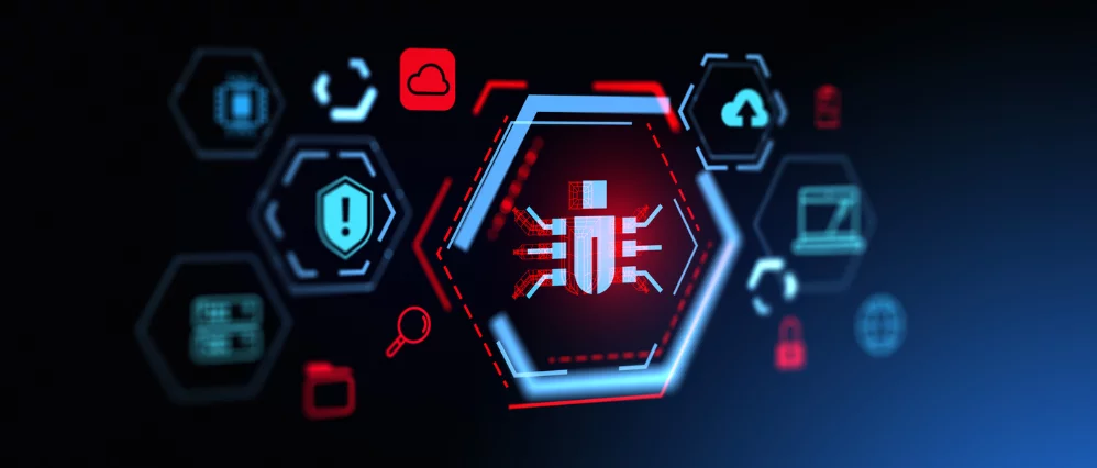 Futuristic cyber security interface with a red digital bug icon centered inside a glowing hexagon shield. Surrounding blue and red icons include a cloud, lock, laptop, magnifying glass, and warning shield, all set against a dark high tech background.