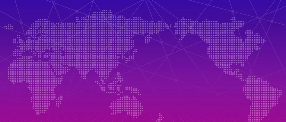 World map made of small white dots set against a purple to pink gradient background with faint connecting lines forming a network pattern. The continents are clearly outlined through the dotted design, creating a modern digital aesthetic.