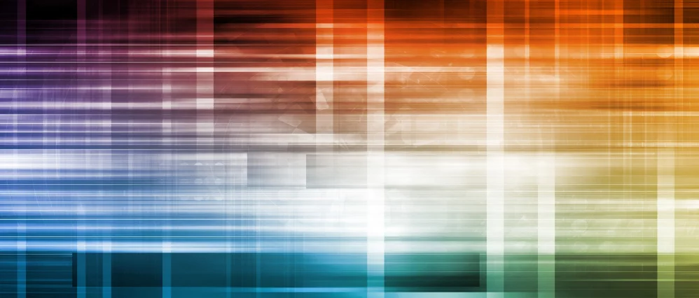 Abstract medical background featuring horizontal light streaks and translucent grid lines in shades of blue, purple, orange, and green.