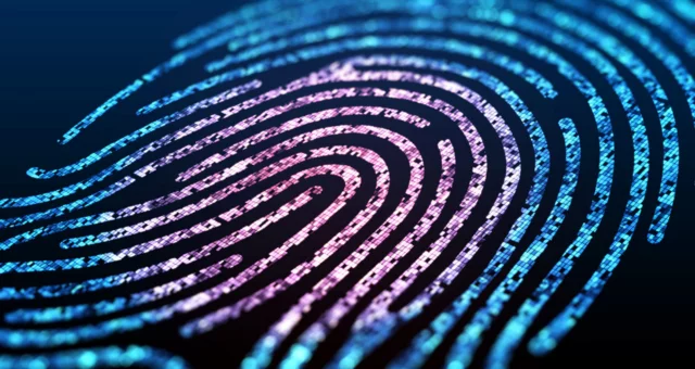 Close-up digital illustration of a fingerprint in vibrant blue and purple tones, composed of small glowing squares. The image symbolizes biometric identification, digital security, and personal data protection.