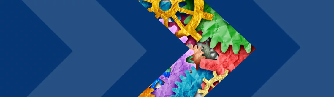 Blue chevron arrow overlay points toward a cluster of colorful interlocking gears symbolizing workplace systems. Banner evokes DEI compliance by visually representing coordinated efforts to integrate diversity, equity, and inclusion.