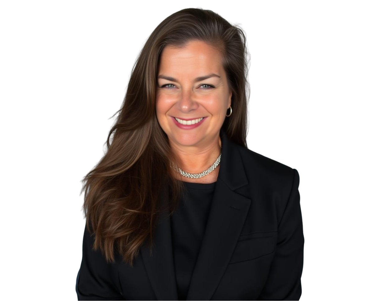 Smiling professional photo of Lori Armstrong Halber with long brown hair wearing a black blazer over a black top, accessorized with a silver necklace and hoop earrings. She poses against a transparent background with a warm and confident expression suitab