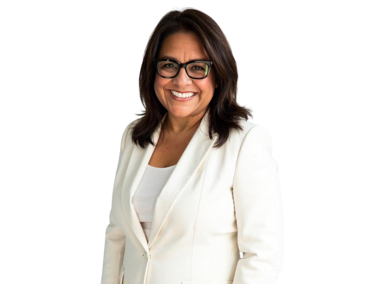 Lynda Jensen wearing a white blazer over a light top, posed against a light blue and white geometric background.