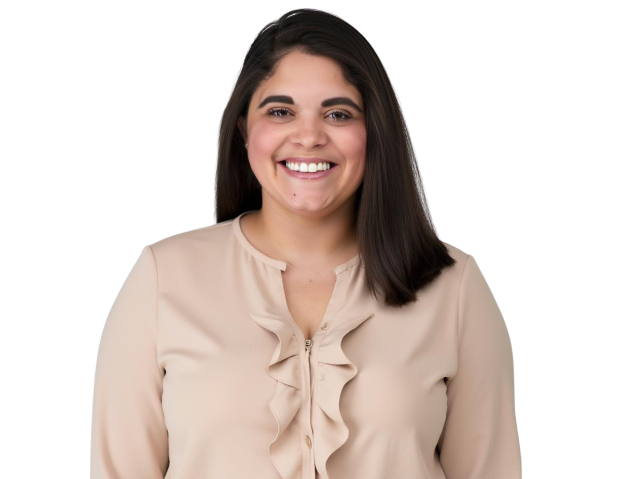 Professional headshot of Addia Rodriguez smiling, wearing a light-colored blouse, with long hair styled neatly, posed against a simple background.
