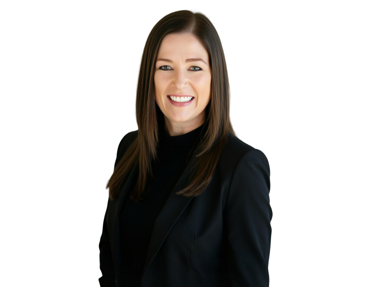Katie Kelley smiling while standing, wearing a black blazer and top, with straight brown hair against a transparent background.
