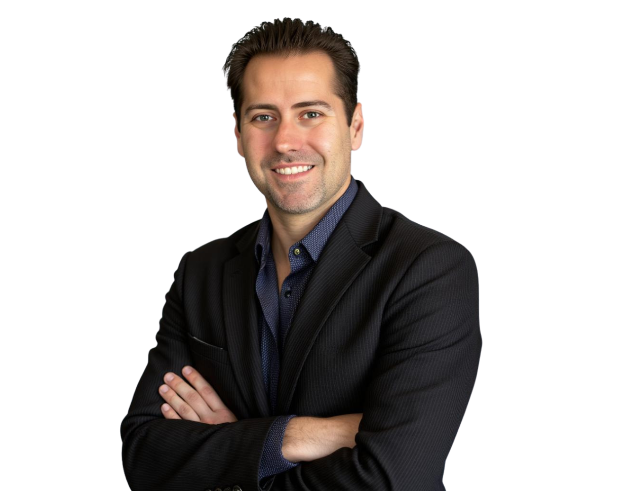Smiling man with dark, neatly styled hair wearing a navy button-up shirt and black blazer, standing with arms crossed against a transparent background. He appears confident and approachable, dressed in business attire.