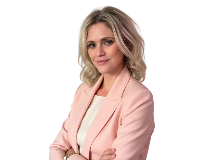 Joanna MacMillan poses confidently with arms crossed in a professional headshot. She is wearing a light pink blazer over a white top, smiling softly against a plain background.