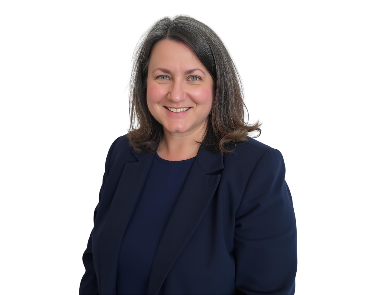 Laura Balson wearing a navy blazer over a matching navy top, posed against a light blue and white geometric background.