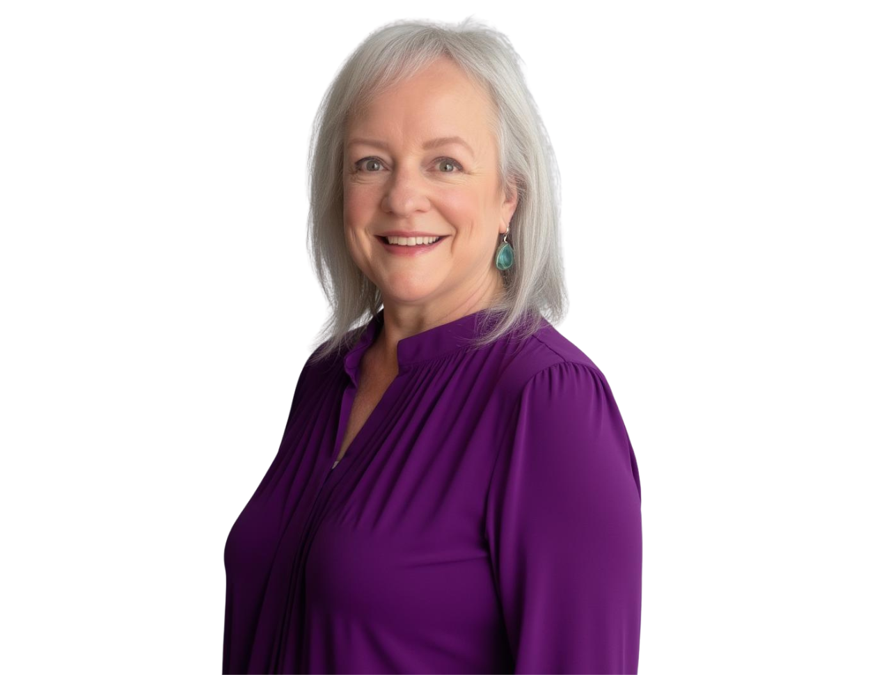 Sarah Robertson has straight shoulder-length gray hair wearing a bright purple blouse and turquoise drop earrings, posed against a transparent background. Her warm expression and colorful outfit create a friendly and approachable professional portrait.