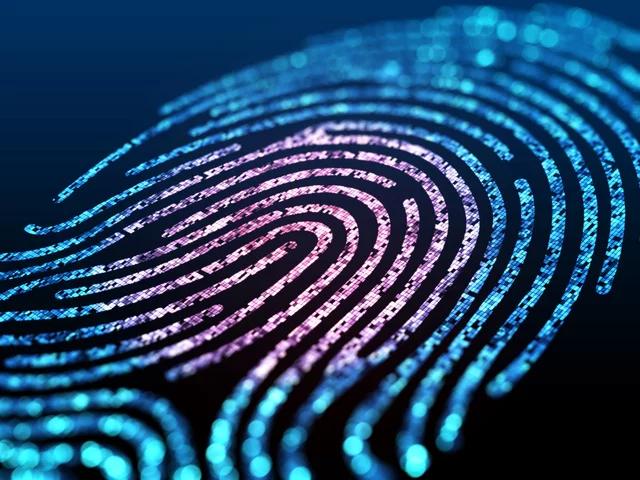 Close-up digital illustration of a fingerprint in vibrant blue and purple tones, composed of small glowing squares. The image symbolizes biometric identification, digital security, and personal data protection.