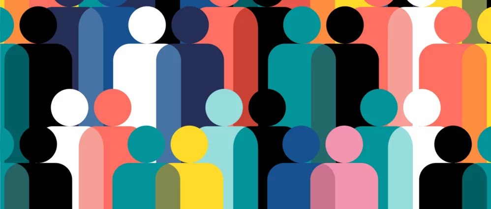 Geometric illustration of diverse human figures in bold multicolored shapes arranged closely together across the frame. The simplified silhouettes overlap in a repeating pattern, creating a vibrant and inclusive visual composition.