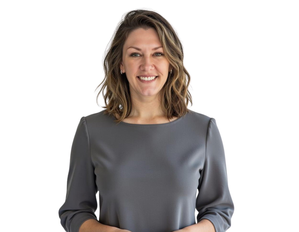 Professional headshot of Aubrey Weaver smiling in front of a light gradient background, wearing a gray blouse with three-quarter sleeves and soft waves in her shoulder-length hair.