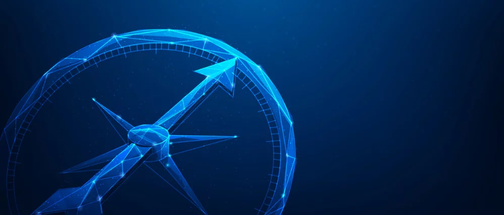 Digital illustration of a glowing blue compass with a prominent arrow pointing upward and to the right against a dark blue background. The geometric lines and light nodes create a futuristic navigation design with a circular directional scale.