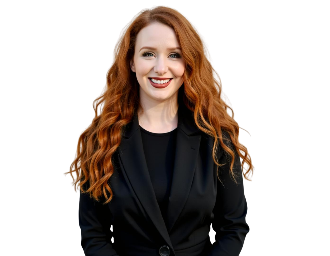 Smiling professional woman with long, voluminous red hair wearing a black blazer over a black top, facing the camera against a transparent background. Her bright expression and polished appearance convey confidence and a strong, approachable presence in a