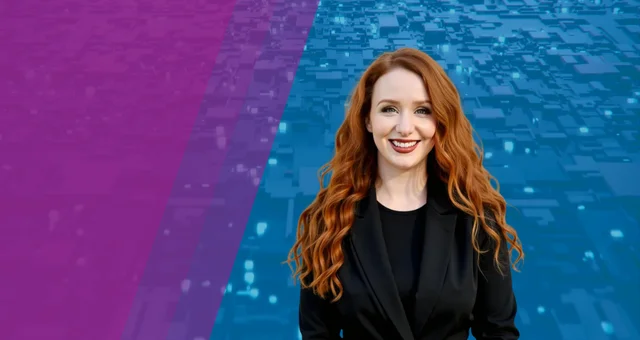 Amanda Novak smiling with long wavy red hair and wearing a black blazer over a black top. She stands against a blue digital technology background with purple geometric shapes on the left.