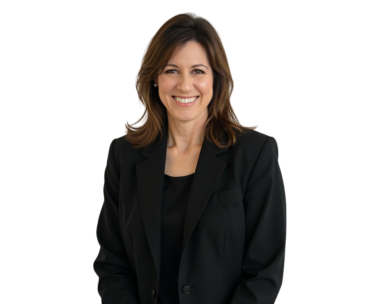 Angela Rapko wearing a black blazer and black top, posed against a light blue and white geometric background.