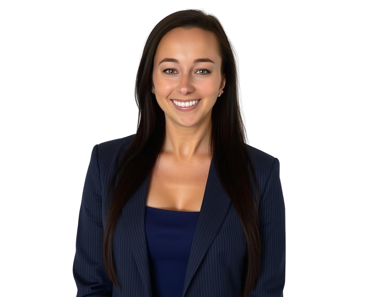 Smiling woman with long straight dark hair wearing a navy pinstripe blazer over a matching navy top. She is facing forward against a transparent background.