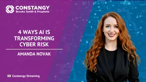 Amanda Novak smiling with long red hair and wearing a black blazer against a blue digital background. A purple banner displays the title "4 Ways AI Is Transforming Cyber Risk" alongside her name and the Constangy Brooks Smith and Prophete logo.