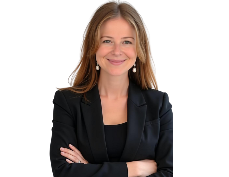 Professional portrait of a smiling woman with straight, light brown hair wearing a black blazer and pearl drop earrings. She stands confidently with her arms crossed against a plain white background, giving a poised and approachable appearance.