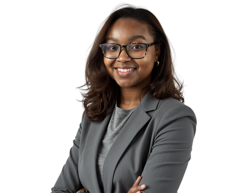 A confident woman wearing glasses and a gray business suit smiles with her arms crossed against a transparent background. Her professional attire and posture suggest a business or leadership context.