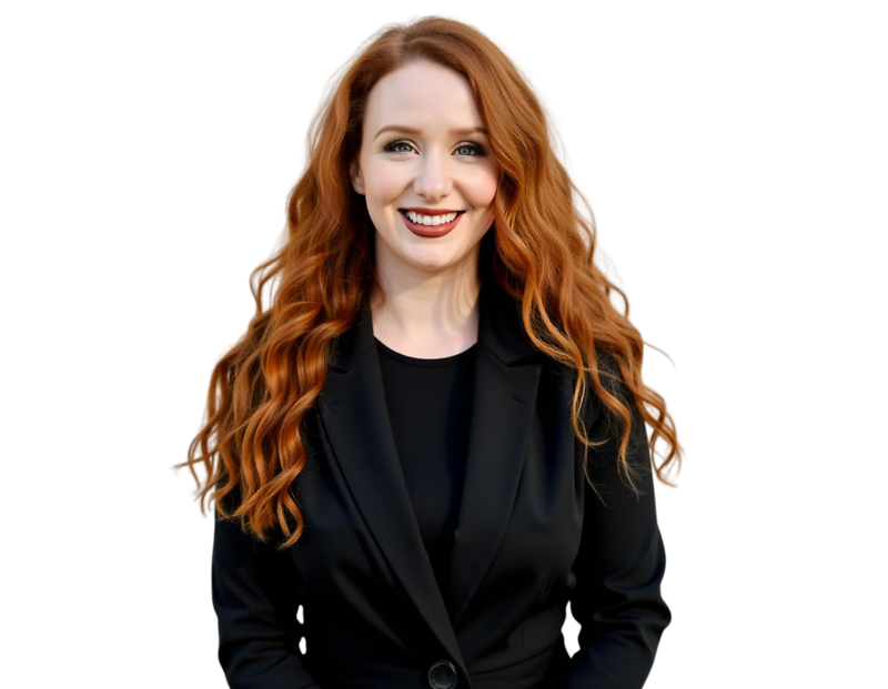 Smiling professional woman with long, voluminous red hair wearing a black blazer over a black top, facing the camera against a transparent background. Her bright expression and polished appearance convey confidence and a strong, approachable presence in a
