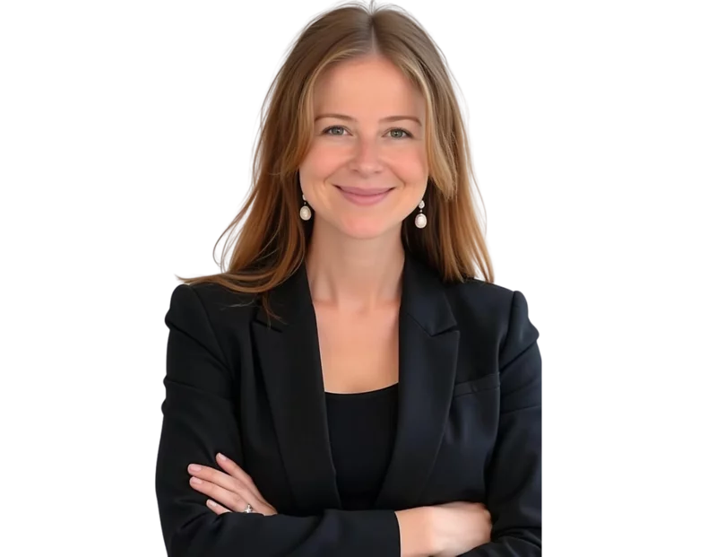 Professional portrait of a smiling woman with straight, light brown hair wearing a black blazer and pearl drop earrings. She stands confidently with her arms crossed against a plain white background, giving a poised and approachable appearance.