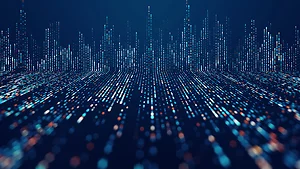 Abstract digital landscape of glowing blue and orange dots forming vertical lines, resembling a futuristic city skyline or data visualization. The perspective creates depth, symbolizing big data, analytics, and advanced technology.