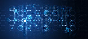 Digital illustration of glowing padlock icons within hexagonal patterns overlaid with binary code, symbolizing cybersecurity and data protection. The background features a world map outline, highlighting global network security concepts.