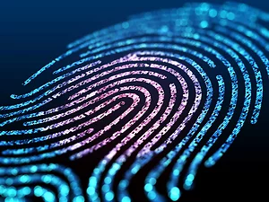 Close-up digital illustration of a fingerprint in vibrant blue and purple tones, composed of small glowing squares. The image symbolizes biometric identification, digital security, and personal data protection.