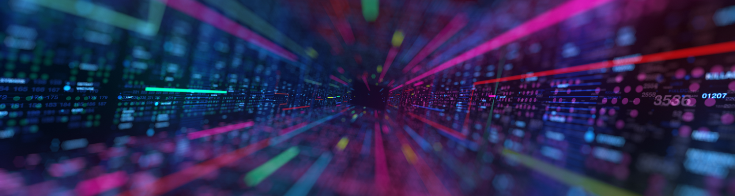 Blurred digital screen filled with colorful data streams and code lines converging into a central vanishing point. Visual suggests fast-moving cybersecurity intelligence, aligning with the Cyber Advisor blog’s focus on data protection and emerging digital