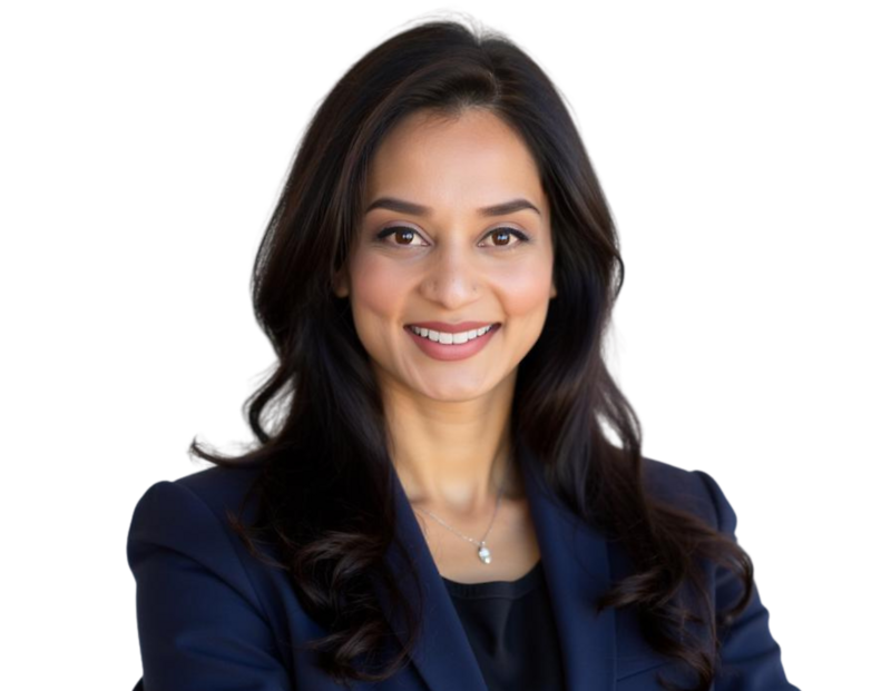 Professional woman with long, dark wavy hair wearing a navy blazer and black top, smiling confidently at the camera against a transparent background. She wears a small pendant necklace and has a polished, approachable look suitable for business or corpora