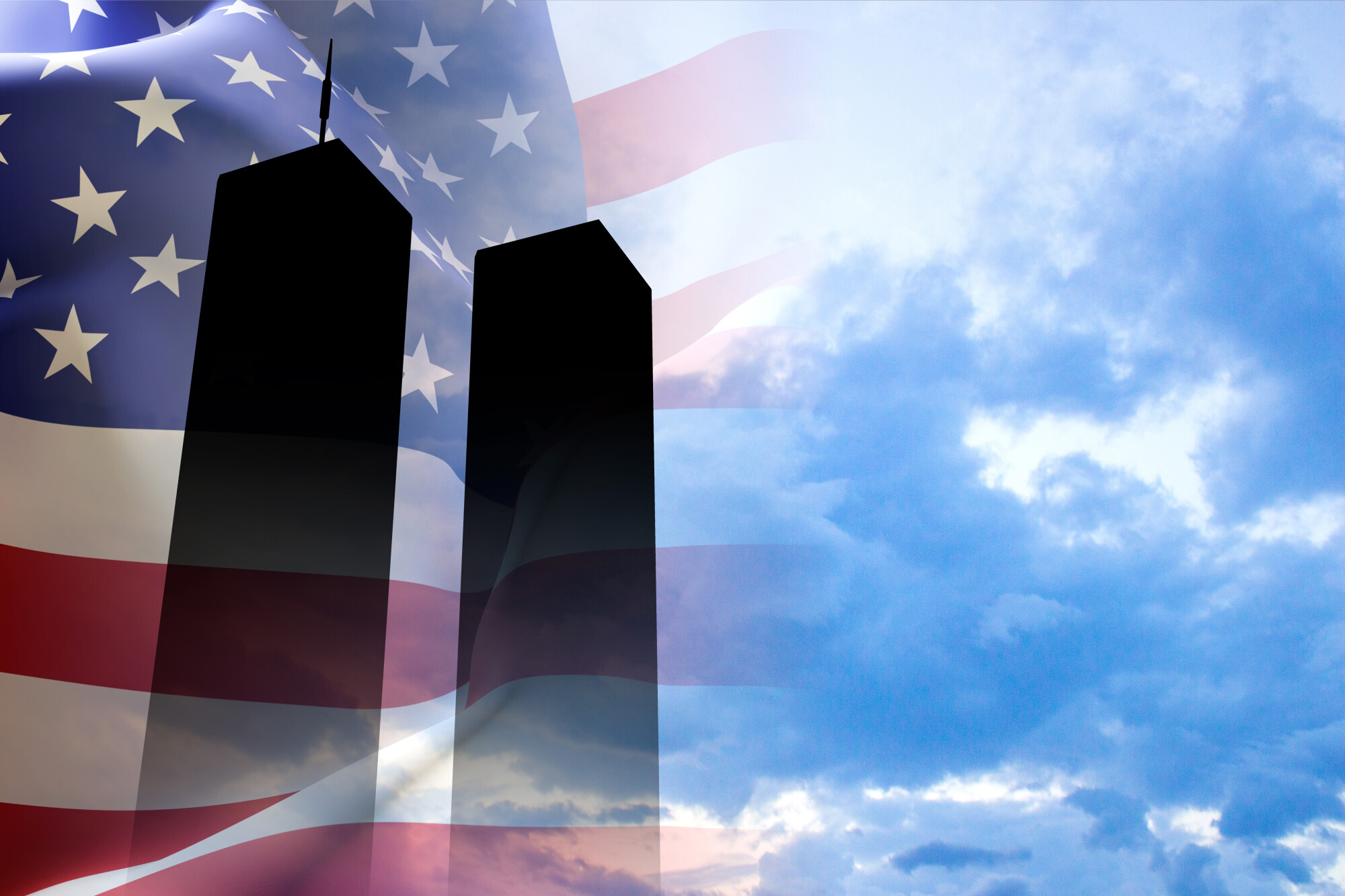 Silhouettes of the Twin Towers stand against a partly cloudy sky, overlaid with a semi-transparent American flag. The image evokes remembrance and patriotism, symbolizing the September 11 attacks and national unity.
