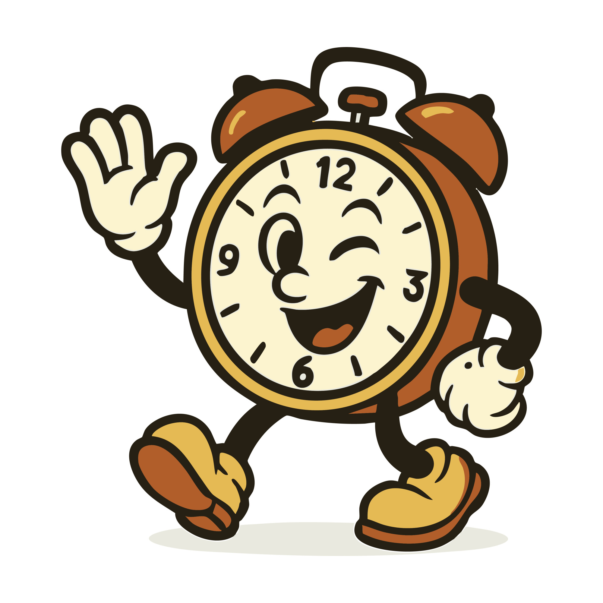 Cartoon-style illustration of a cheerful, vintage alarm clock character with arms, legs, and a big smile, winking and waving as it walks. The character wears yellow shoes and has a playful, retro design with a friendly, energetic vibe.