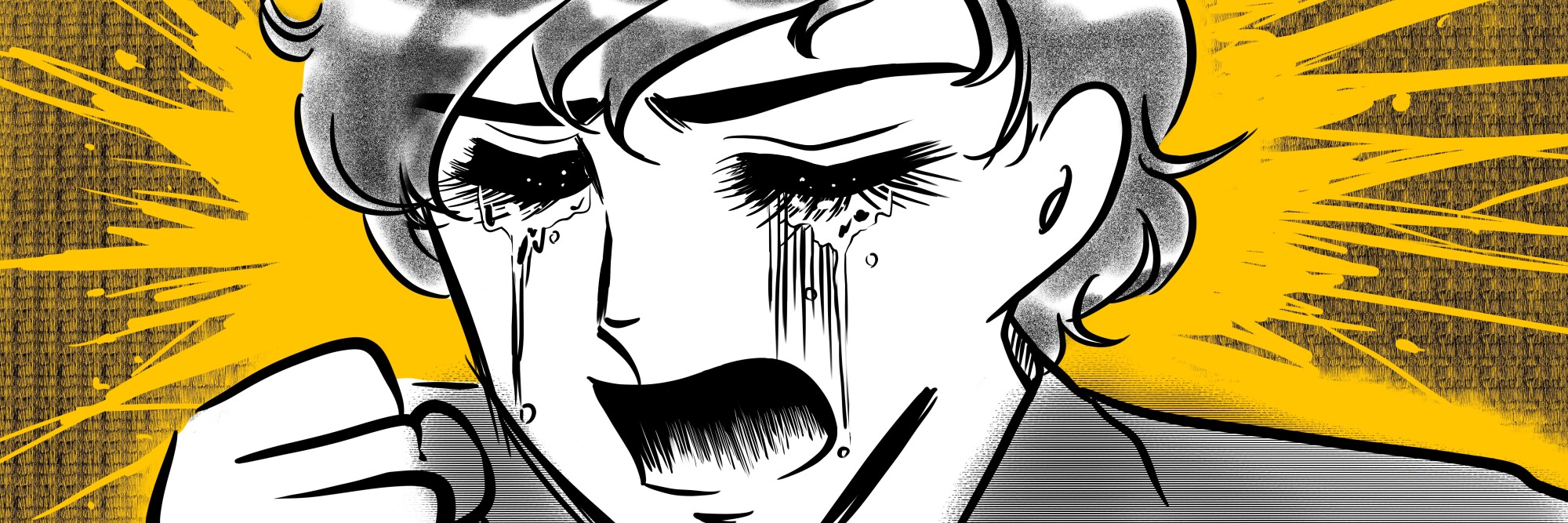 "BUT WE WERE MEANT TO BE! WE DIDN'T EVEN NEED A SECOND CAR!" Black and white comic-style illustration of a person with dramatic, exaggerated tears streaming down their face, eyes squeezed shut, and mouth wide open in a scream. The clenched fist and intense yellow burst in the background heighten the sense of emotional outburst or despair.