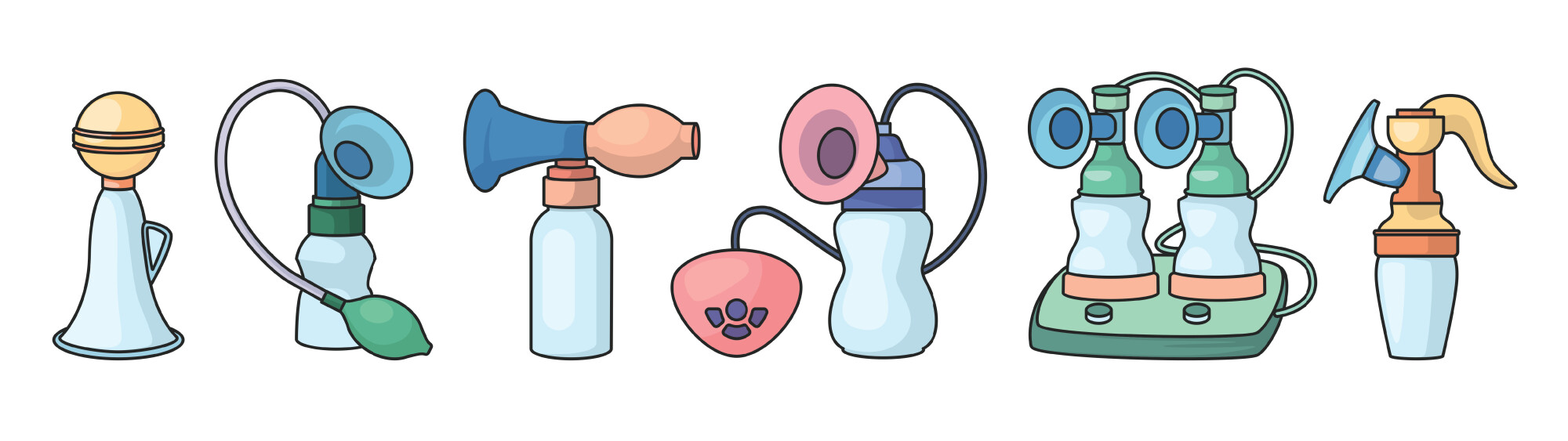 Illustration showing a variety of breast pumps, ranging from manual to electric models, each with different shapes, handles, and suction mechanisms. The image highlights the evolution and diversity of breast pump designs used for expressing breast milk.