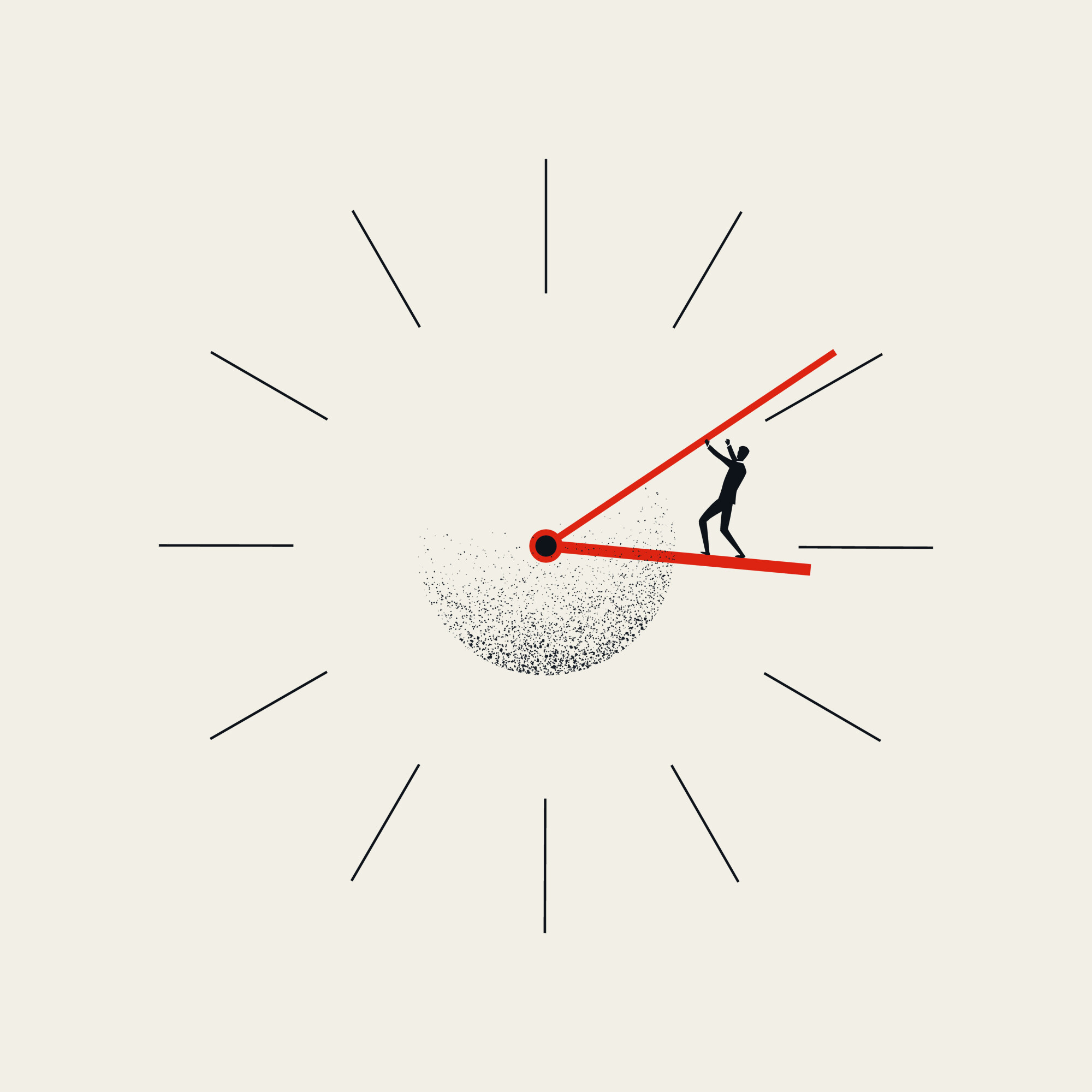 Minimalist illustration of a clock with red hands pointing to 3:10, featuring a small silhouette of a person pushing against the minute hand. The design conveys a sense of urgency or struggle against time, set on a light background with subtle shading at the clock's center.