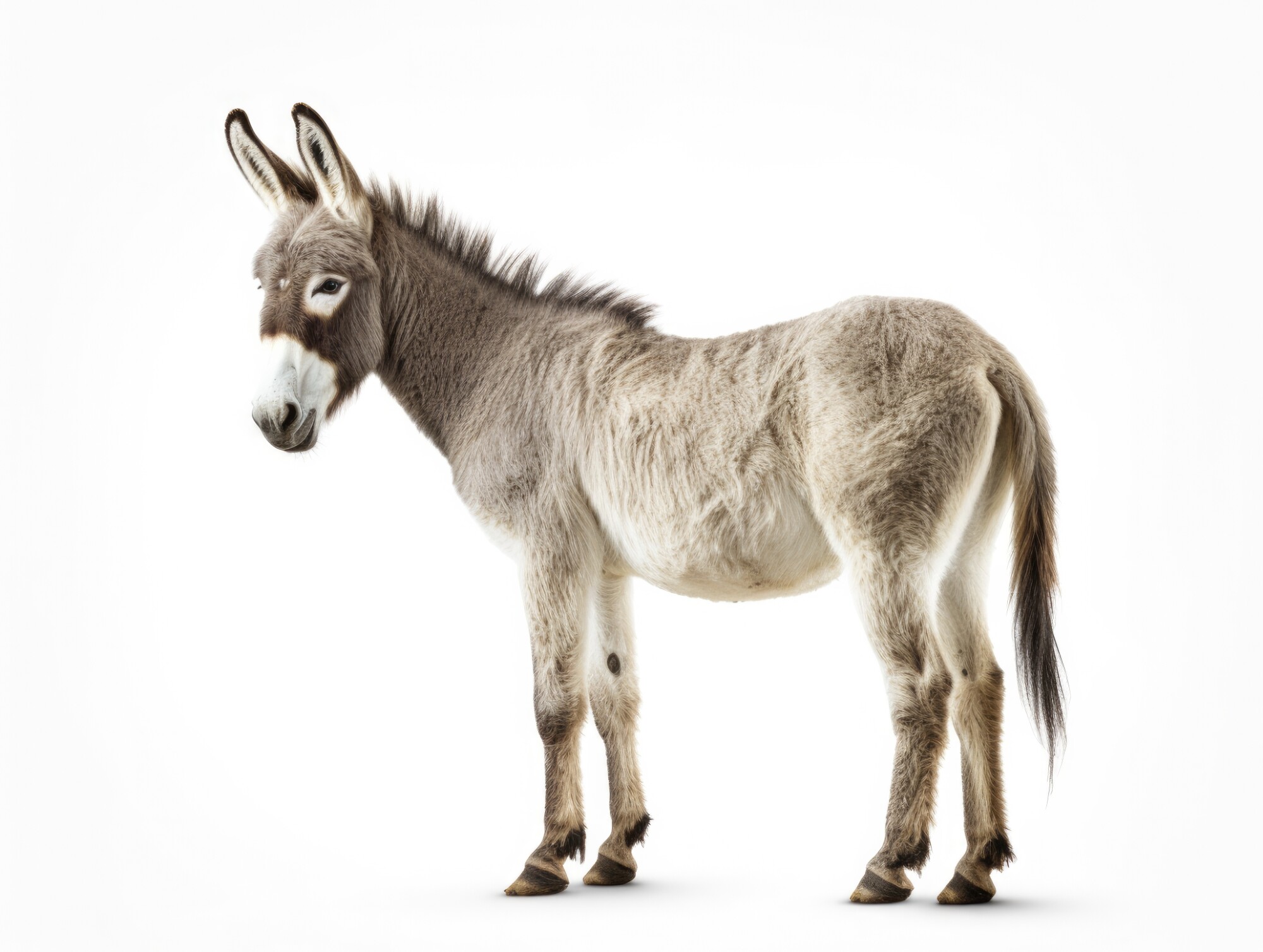 The image shows a donkey standing on a white background. The donkey has a light gray and brown coat with a white muzzle and dark markings around its eyes and ears. It faces slightly to the left, with its head turned toward the camera. 