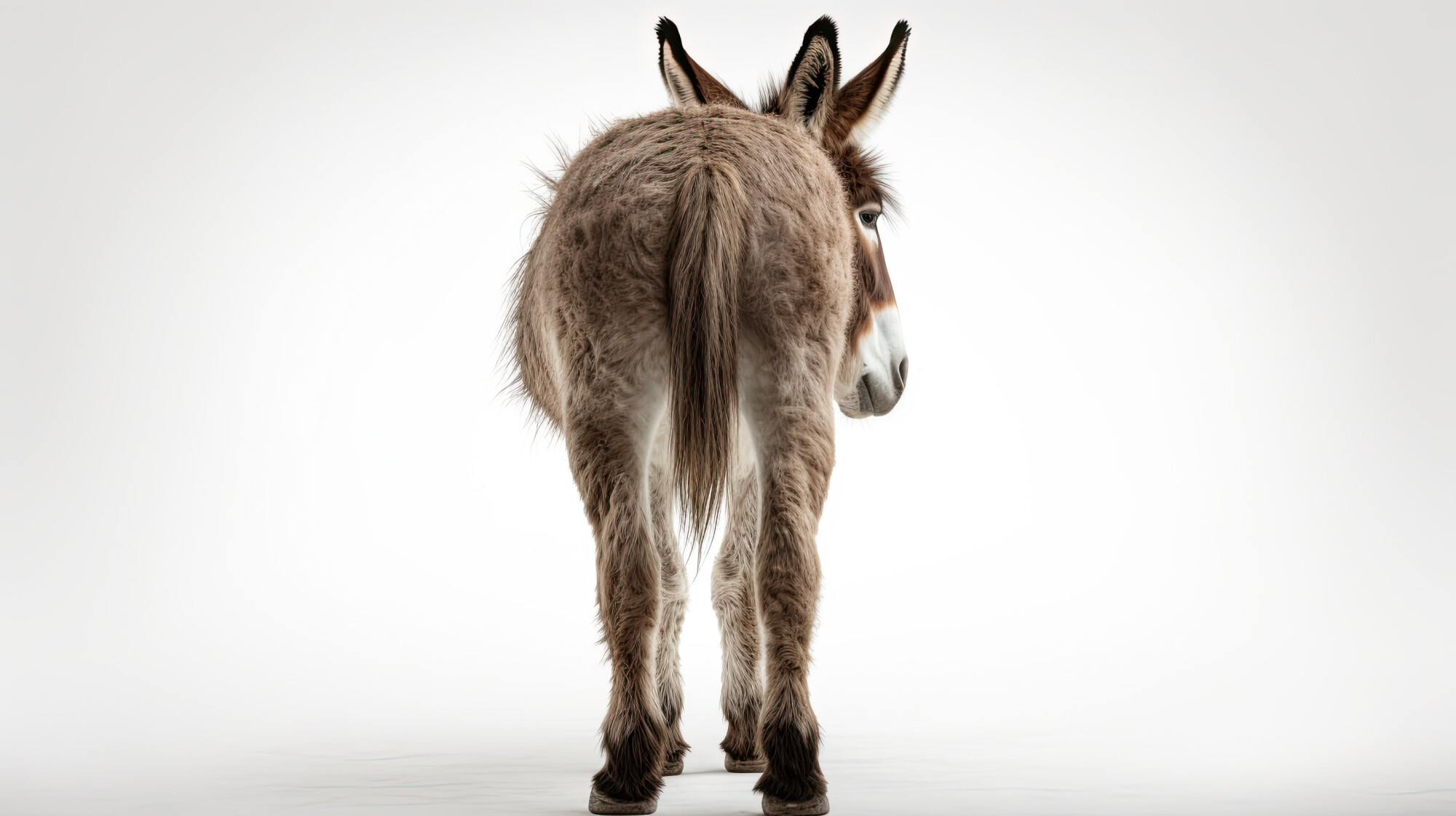 Rear view of a donkey standing and looking back over its shoulder against a plain white background. The centered composition highlights the animal&rsquo;s tail and hindquarters in a humorous or ironic way.