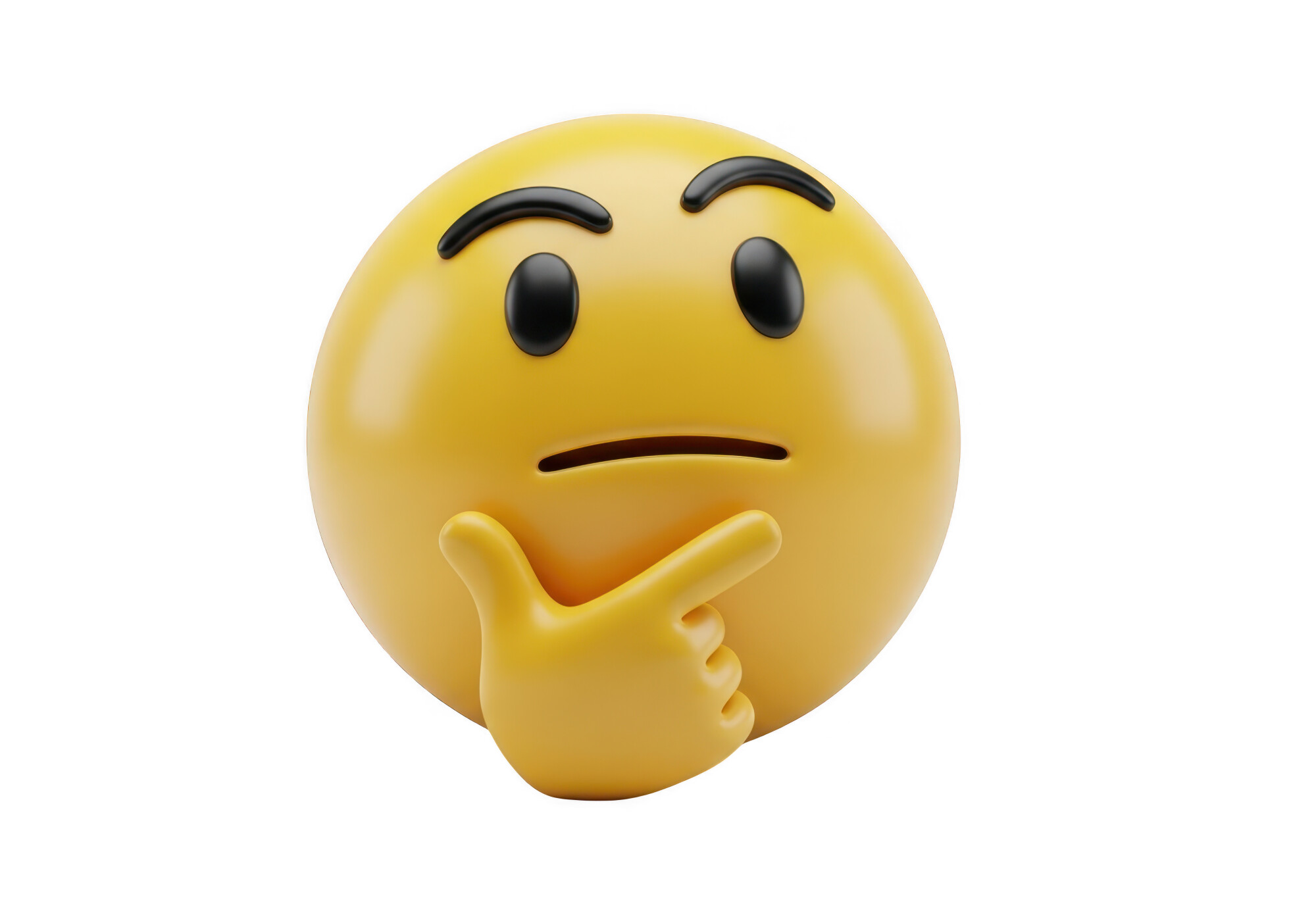 Yellow thinking face emoji with raised eyebrows and a neutral mouth, resting one hand on its chin in a thoughtful pose.