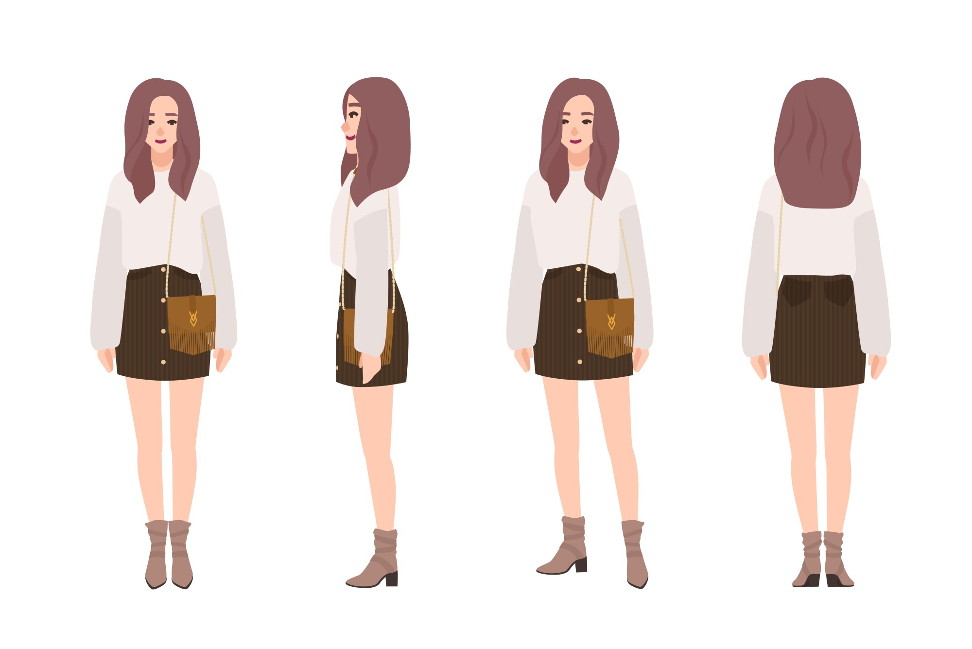 Flat-style illustration showing a young woman in four different angles—front, side, three-quarter, and back—wearing a white long-sleeve blouse, a dark brown pinstriped mini skirt with front buttons, and taupe ankle boots. She carries a brown crossbody bag with fringe and a gold emblem, and has long, wavy mauve hair.